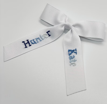 Blue Ombre Name Hand-Embroidered Bow