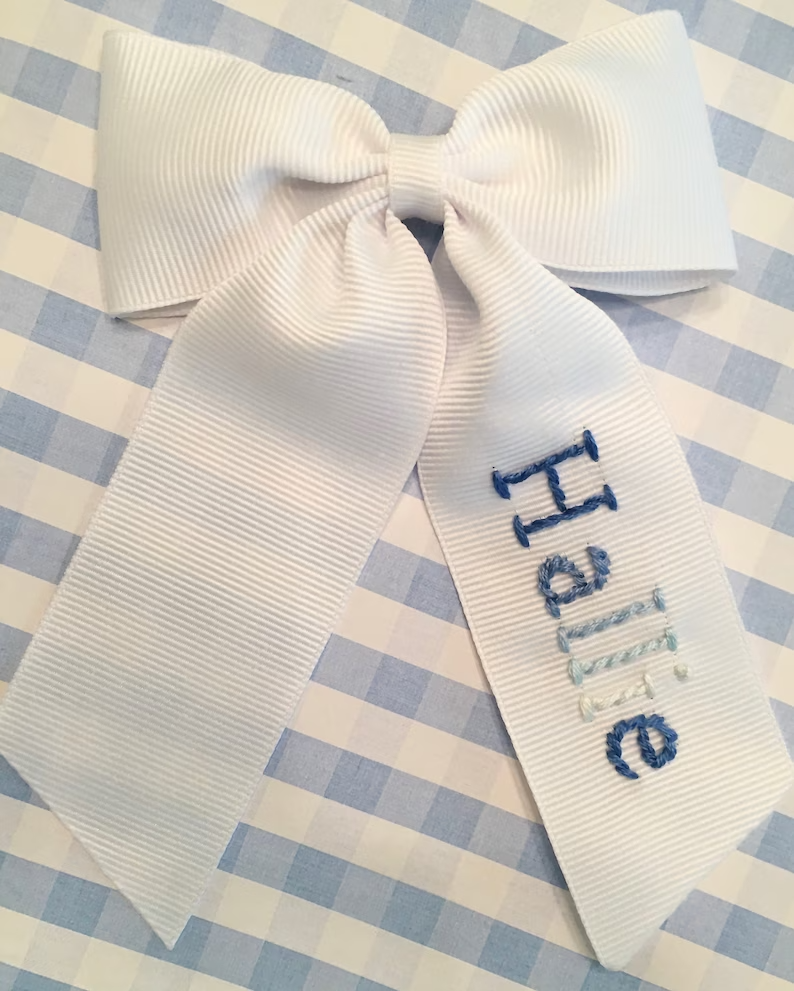 Blue Ombre Name Hand-Embroidered Bow