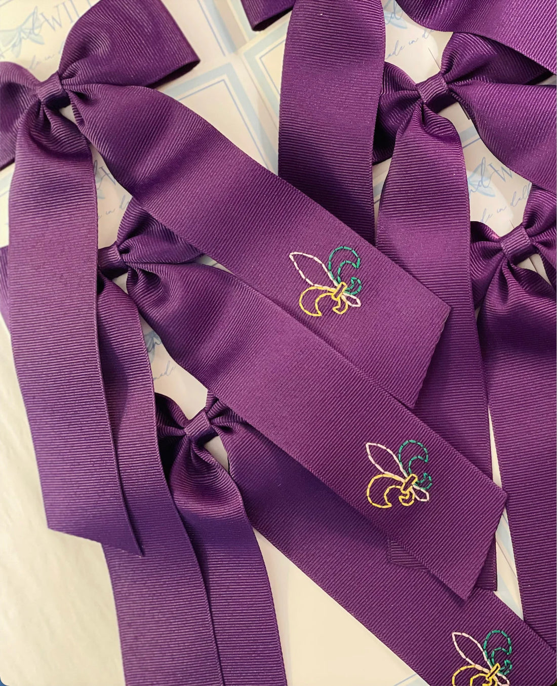 Mardi Gras FleurDeLis Hand-Embroidered Bow