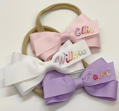 The Lottie Bow - Script Rainbow Name Hand-Embroidered Bow