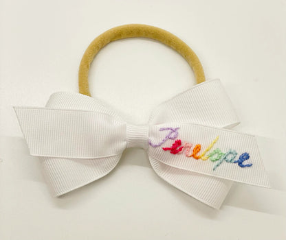 The Lottie Bow - Script Rainbow Name Hand-Embroidered Bow